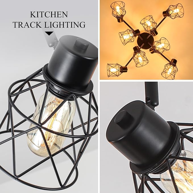 BUXVRCS 8 Lights Black Adjustable Multi-Directional Kitchen Light Fixtures | Track Lighting Fixtures, Metal Cage, Modern Minimalist Style, Spotlight Fixtures for Dining Room, E26 Socket