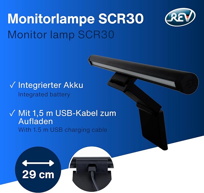 REV Monitor USB Lamp with Emergency Battery Approx. 60 Min., 29 cm, Clampable 110 lm, 3 Colours, Black