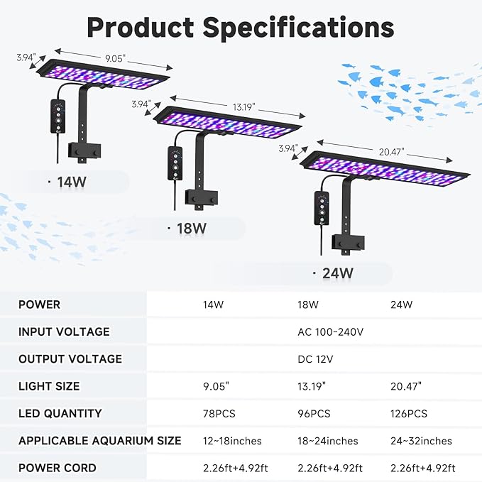 AQQA LED Aquarium Light, 24/7 Mode Clip on Fish Tank Light, DIY Mode Full Spectrum Aquarium Plant Light, Adjustable Timer/Brightness with Memory Function IP68 Waterproof (14W for 12-18 Inch Fish Tank)