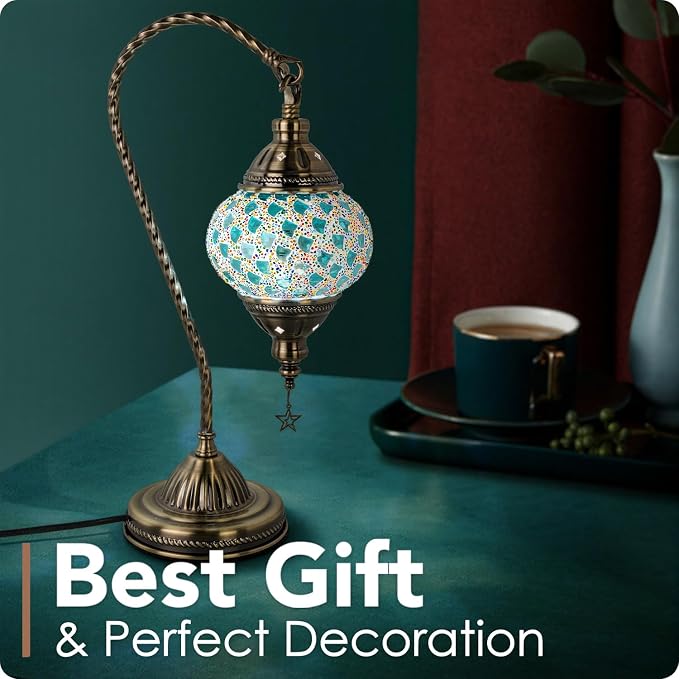 Yarra-Decor Turkish Moroccan Lamp with Bronze Base 3 Color Options Handmade Swan Neck Mosaic Glass Bedside Lamps for Bedroom (LED Bulb Included)(Colorful4)