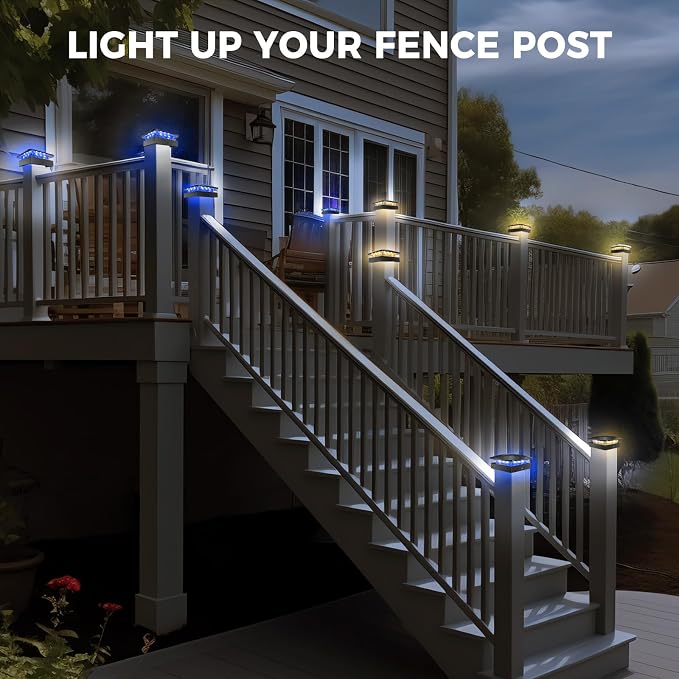 2pack 4x4 Solar Post Lights Outdoor Blue & Warm White | Waterproof Solar Cap Lights for 4×4/3.5×3.5 Wood/Vinyl Posts, Post Top Lighting Outdoor for Fence Deck Mailbox Porch Railing