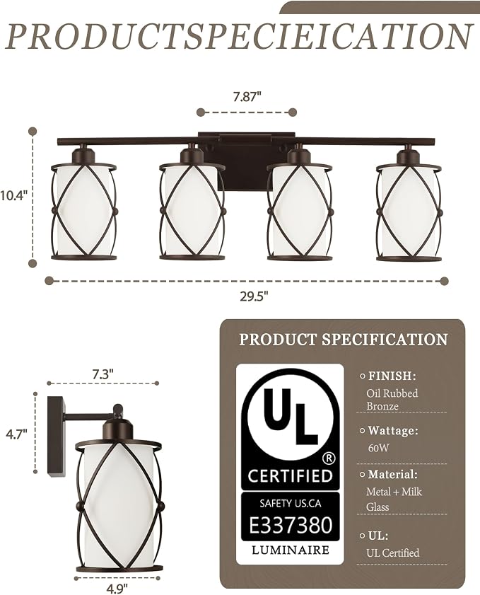 4-Light Oil Rubbed Bronze Bathroom Light Fixtures Over Mirror, 29" UL-Listed Modern Farmhouse Wall Sconce Lights with Milk White Frosted Glass and Metal Cage for Bath, E26, CH9176ORBW-4W
