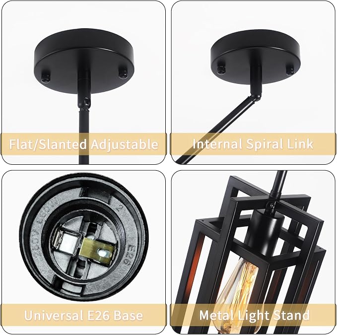 Farmhouse Pendant Light Fixtures 2 Pack 1 Light, Cage Black Finish Modern Pendant Lights with Max 59'' Adjustable, Small Square Pendant Ceiling Hanging Light for Kitchen Island Dining Room Entryway