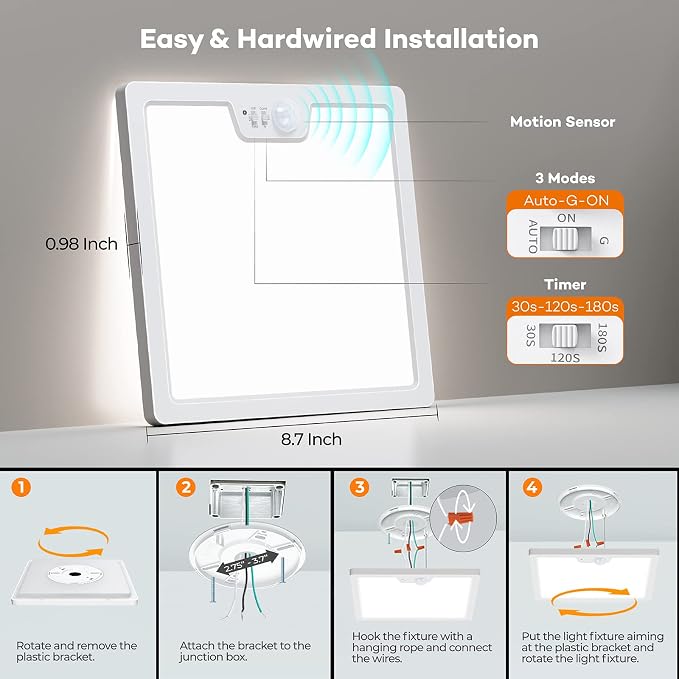 Annaror 2Pack 12in Motion Sensor Ceiling Light Wired with 3 Timer White | 3000K 4000K 5000K Selectable，24W 2400LM Flush Mount Square Motion Ceiling Light for Closet Porch Stairs Hallway , Auto/ON/G