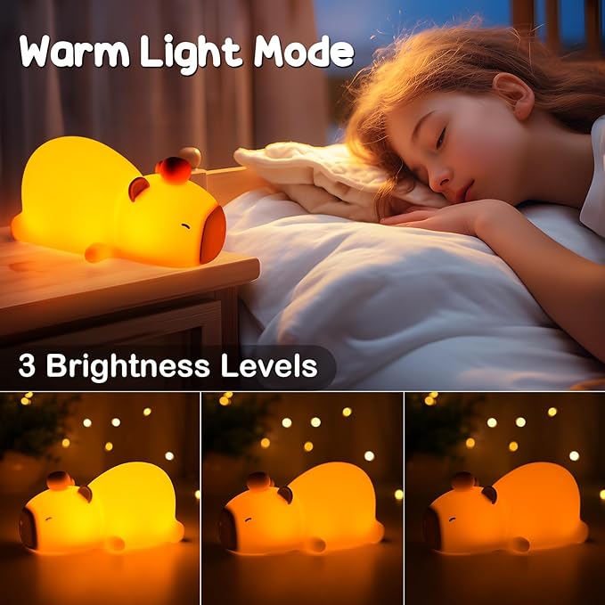 Capybara Night Light Cute Squishy Silicone Nursery Nightlight Dimmable Animal Bedside Lamp with Tap Control Christmas Gift for Kids Girls Boys Women