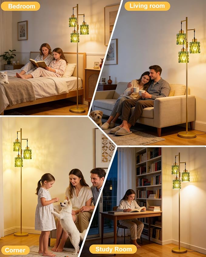 Lightdot 67" 3-Light Glass Floor Lamp for Living Room, Dimmable with Green Glass Shade & E12 Bulbs Included, Mid Century Standing Tall Lamp with 5Lbs Heavy Base for Bedroom/Sofa Beside/Corner - Gold