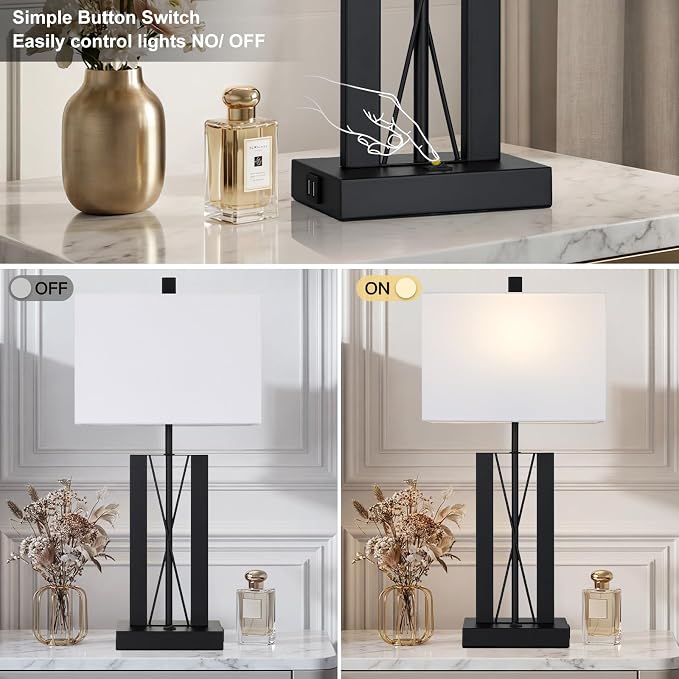 Lolikit 25" Table Lamps for Living Room Set of 2, Modern Table Lamp with 2 USB Charging Ports, Nightstand Geometric Bedside Lamp with White Shade for Bedroom End Table Desk Office(2 LED Bulb Included)