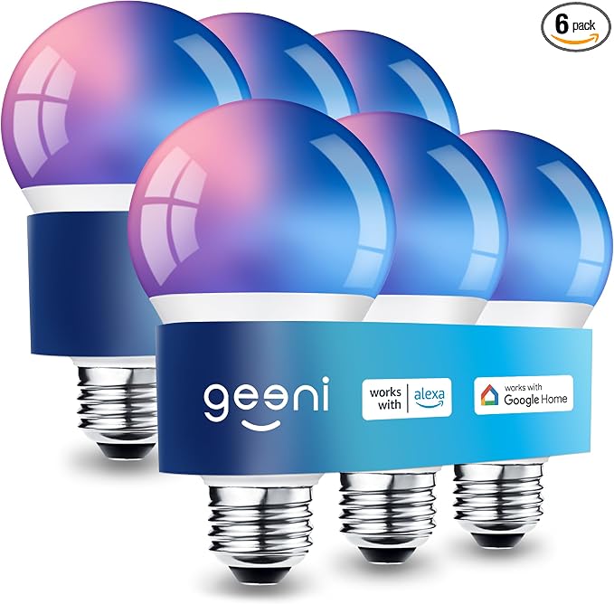 Geeni Prisma Plus Smart Light Bulb, Color-Changing Dimmable LED, 6-Pack | 800 Lumens, RGBW A19, tunable white, Wi-Fi control, works with Alexa & Google Home
