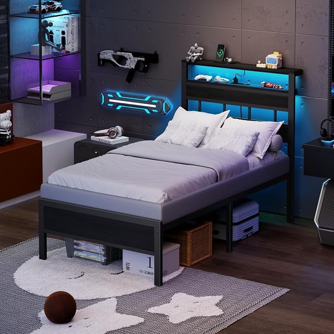 Twin Bed Frames with Charging Station and LED Lights, Black Oak | Heavy Duty Metal Slats Support, 2-Tier Wood Shelf Storage Headboard,USB & Type-C Ports,Noise-Free,No Box Spring,Easy Assembly
