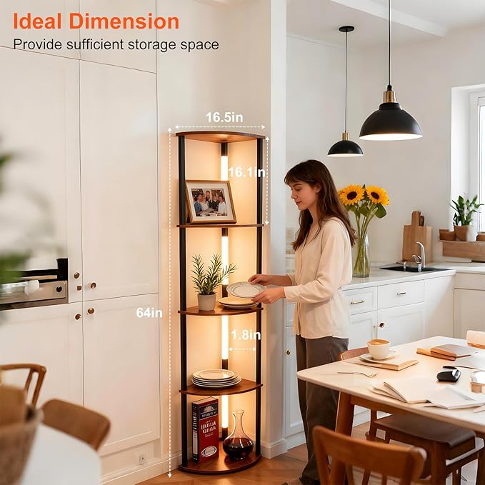 Lightdot Corner Floor Lamps with Shelves, 64Inch 5-Tier Storage Shelf Lamp with Integrated LED Posts/Amber Shelf/Black Frame, Black Display Floor Lamp for Living Room Bedroom/Sofa Beside/Corner Decor