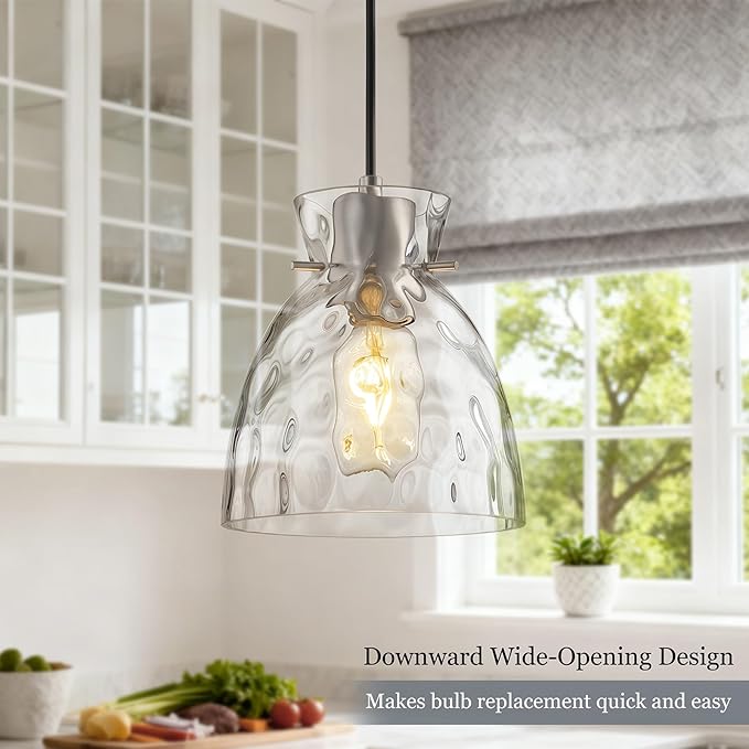 Hammered Glass Pendant Lights Kitchen Island, 5.9“ Small Brushed Nickel Pendant Light Fixtures, Adjustable Modern Hanging Lights Kitchen Pendant Lighting over Island Sink Bathroom Dining Room Bedroom
