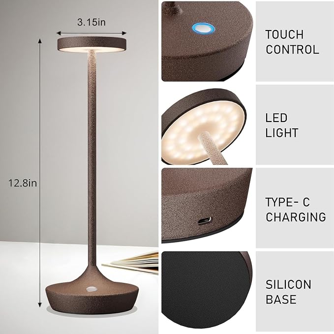 2 Pack Cordless Table Lamps, Rechargeable 6000mAh, 72H Runtime, Waterproof | Stepless Touch Dimming with 3 Color Modes & Memory Function for the Perfect Ambiance at Home, Restaurants & Patios (Rust)