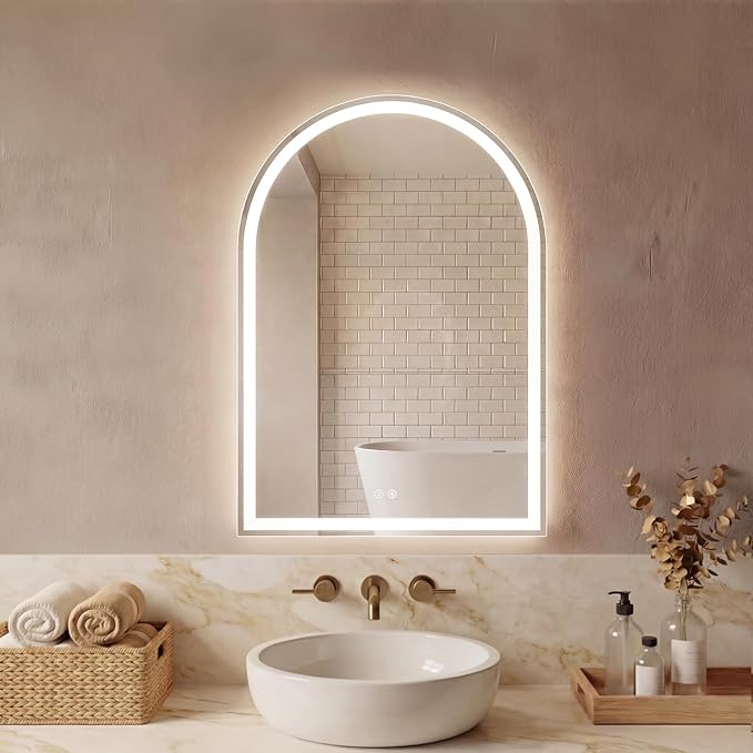 DUMOS 24"x32" LED Bathroom Mirror with Lights, Arched Vanity Mirror | Anti-Fog, Dimmable, 3-Color Light, Memory Function, Front Light and Backlit, Tempered Glass