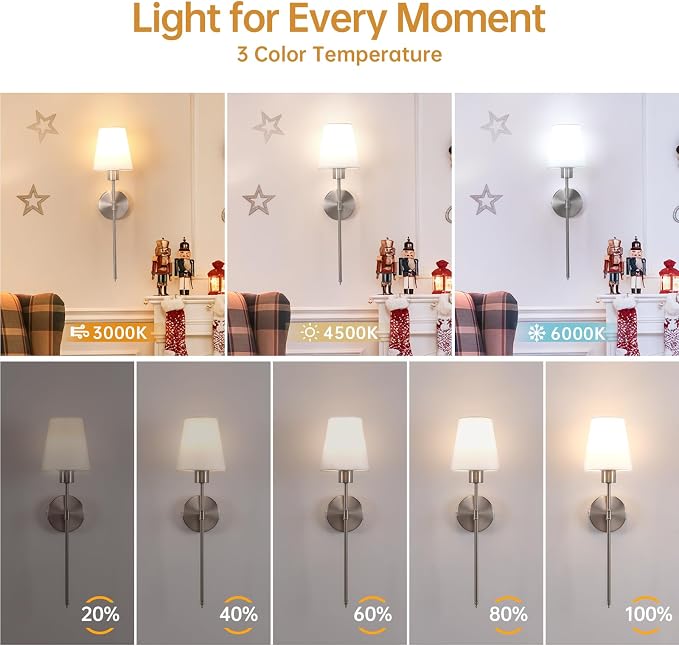 Shenmoyl Battery Operated Wall Sconces Set of 2, 80H Usage Time 22.6" Rechargeable Wall Light with Dimmable Bulb, 12 Colors Wall Sconce for Bedroom Living Room, Silver