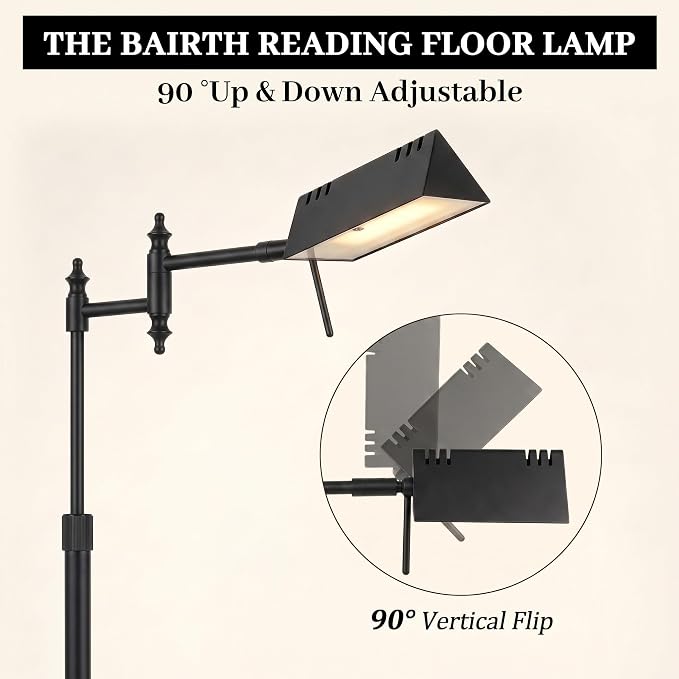 Bairth Black Reading Floor Lamp, Head 90°Rotatable Pharmacy Standing Lamp | 90°Rotatable Lamp Head 3 Color Temperature, Dimmable, 17W LED, Height Adjustable, 360°Swing Arm, Living Room, Bedroom, Craft
