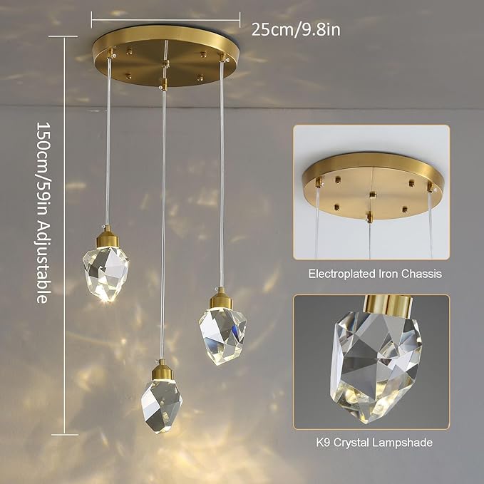 Modern Crystal Pendant Light, 3-Color LED Crystal Pendant Lamp, Adjustable Height Gold Ceiling Hanging Lamp, for Kitchen Island Dining Room Living Room Decor Lighting (3-Head Round Base)