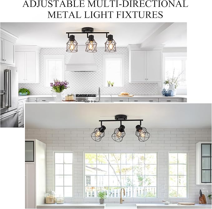 3 Lights Adjustable Multi-Directional Black Light Fixtures, Semi Flush Mount Ceiling Light, Kitchen Light Fixtures, Track Lighting Fixtures Metal Cage Industrial Spotlight Fixtures for Dining Room