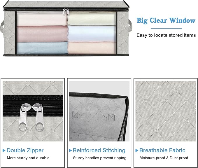 HomeHacks 3-Pack Clothes Organizer Storage Bags, 35L Storage Bins, White | Foldable Storage Box Container with Zippers, Clear Window, Reinforced Handles for Closet, Dorm, Pillows, Bedding, Sweater