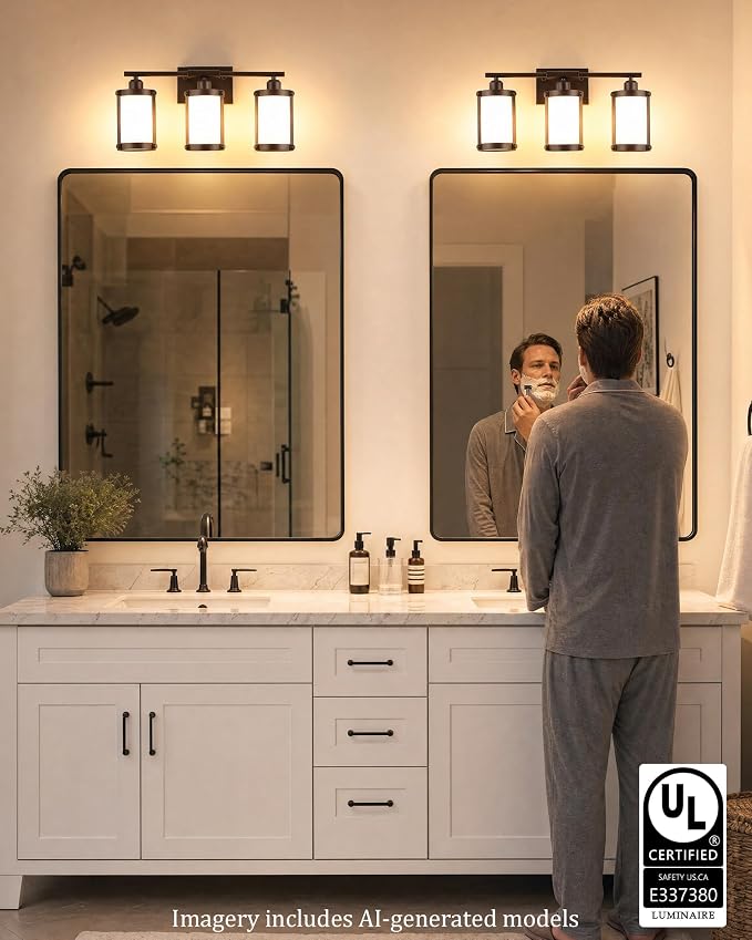 3-Light Oil Rubbed Bronze Bathroom Light Fixtures Over Mirror with Frosted Milk Glass and Metal Cage Shade, 21" UL-Listed Modern Farmhouse Wall Sconce for Bath, Hardwire E26, OS-3014ORBW-3W