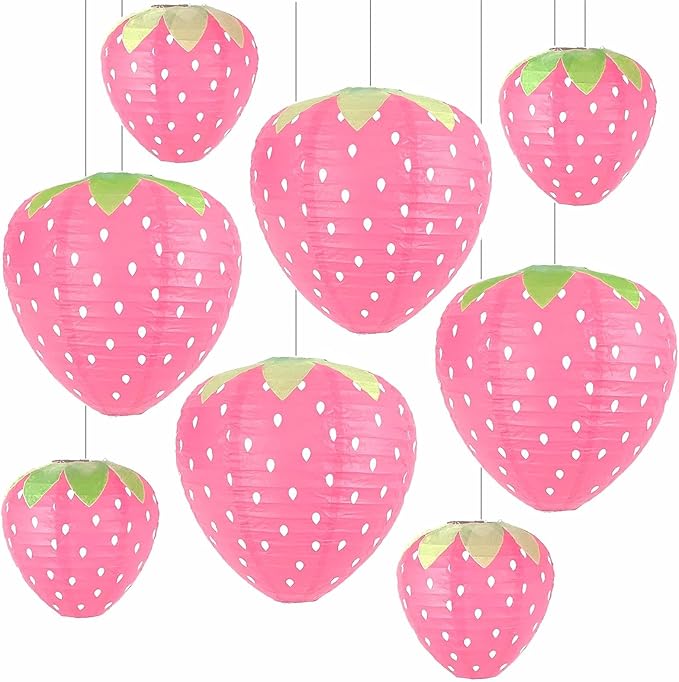Strawberry Paper Lanterns, 8" & 12" Large Strawberry Hanging Lantern, Strawberry Hanging Decorations for Fruit Theme Birthday Party Decor(8 Pcs, Pink)