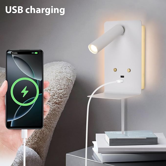 ZEROUNO Touch Dimmable Wall Mounted Reading Light Set of 2, Plug in Bedroom Bedside Lamp Wall Mount Sconce, White Corded Headboard Reading Lamp with USB C+A Charging Ports for Bed Side Room