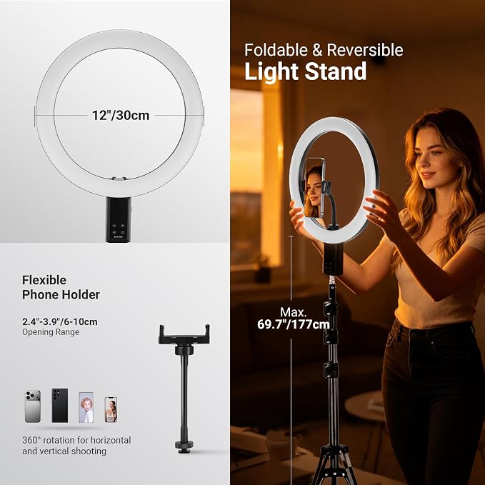 NEEWER 12" Selfie Ring Light with App Control/Remote/Tripod Stand, 3200mAh LED Bi Color CRI95 2900K-7000K Ringlight Circle Lighting Compatible with iPhone Vlog Makeup Studio Video Recording, RB12B