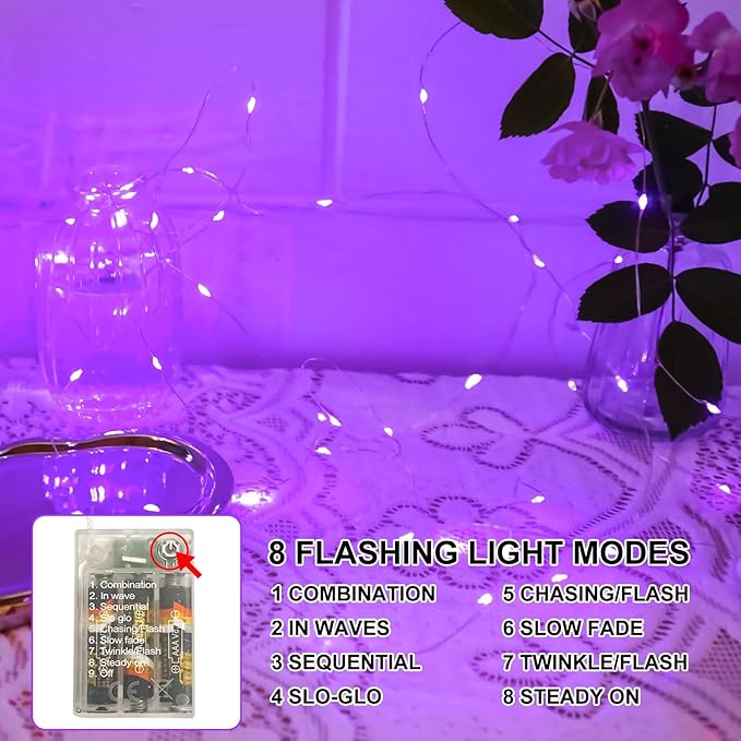Purple Fairy Lights Battery Operated (Included), 8 Modes & Auto timer, 16FT 50Led Mini Twinkle Silver Wire Firefly Starry lights, Waterproof Battery Operated Lights for Party Bedroom Christmas