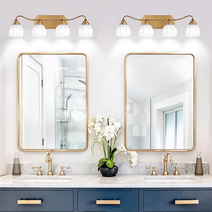 4 Light Gold Vintage Vanity Lights, Antique Brass Finish | Milk White Tulip Crystal Shades,Brushed Gold Bathroom Light Fixtures, Wall Sconce Ideal for Bedroom,Hallway,Easy to Install