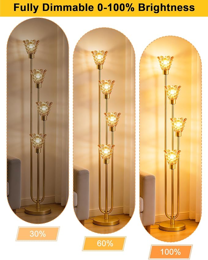 63IN 4-Lights Glass Floor Lamp Modern Dimmable Floor Lamps with Amber Glass Shade& Warm White Bulbs for Wedding/Party, Gold Tall Standing Lamp with 5Lbs Heavy Base for Living Room/Bedroom