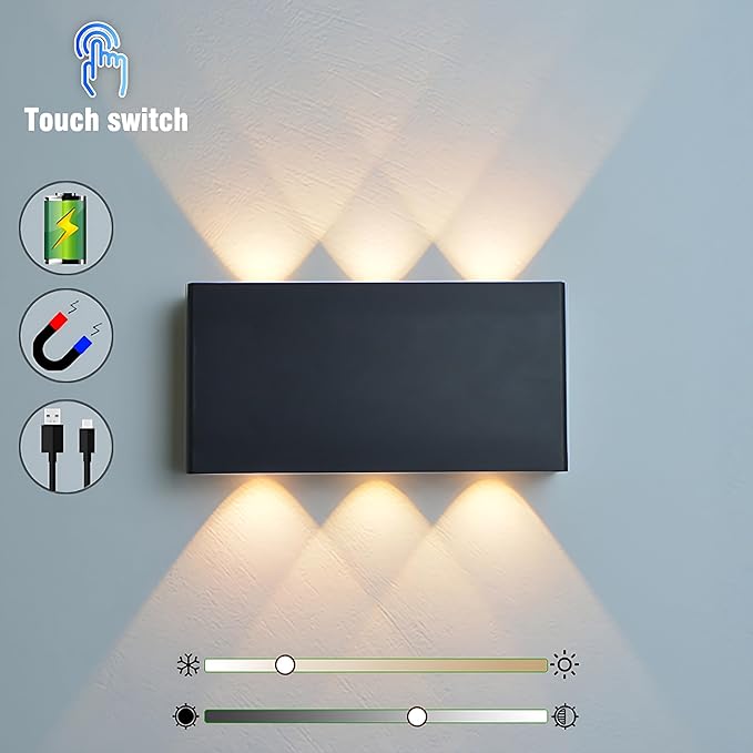 Shelprojsu 2 Pcs LED Magnetic Wall Sconce Lights,5000mAh Wireless Bedside Wall Light USB Rechargeable Reading Wall Lamp,3 Lighting Colors and Dimmable Battery Operated Wall Sconces (Black, 2 pcs)