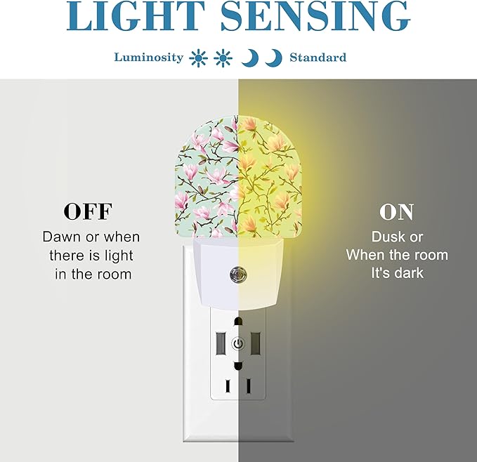 Plug in Night Lights Magnolia Flowers and Leaves Nightlight Plug Into Wall Dusk to Dawn Sensor LED Night Light for Kid Girls Boys Room Decor, Hallway, Kitchen, Bathroom, Nursery, Stairs