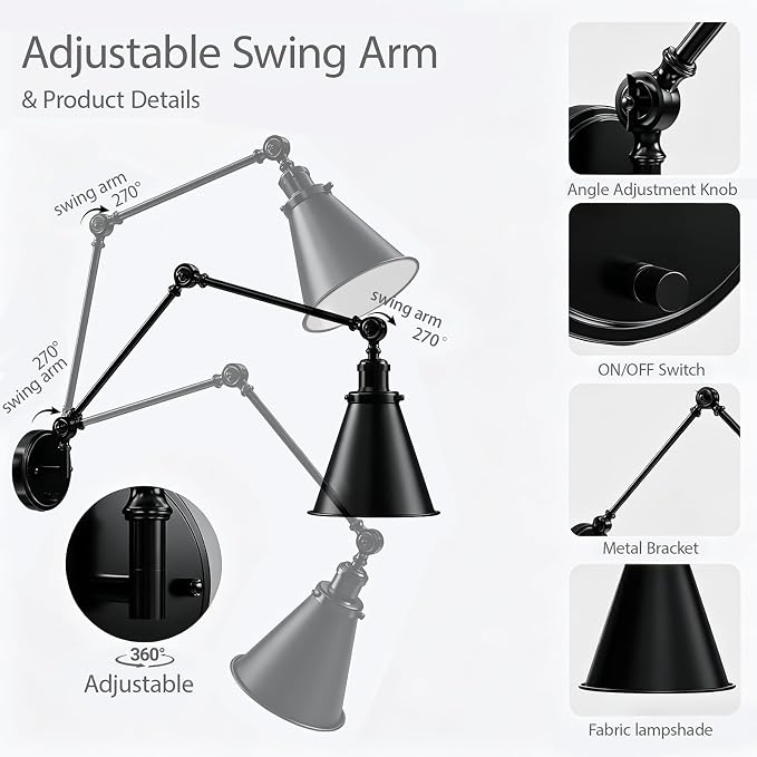 Plug in Wall Sconces Set of Two, Black Swing Arm Wall Lamp with 6.6FT Plug-in Cord and Knob Switch, Metal Wall Lights for Bedroom, Reading, Study Room, Office, Living Room (2 Pack)