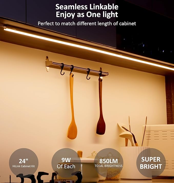 Under Cabinet Lighting Plug in, 24 Inch 1 Pc, Linkable AC120V 3CCT 3000K/4000K/5000K Ultra Slim, LED Under Cabinet Lights for Counter Light, Kitchen, Shelf, Sink, Workshop, Desk, White