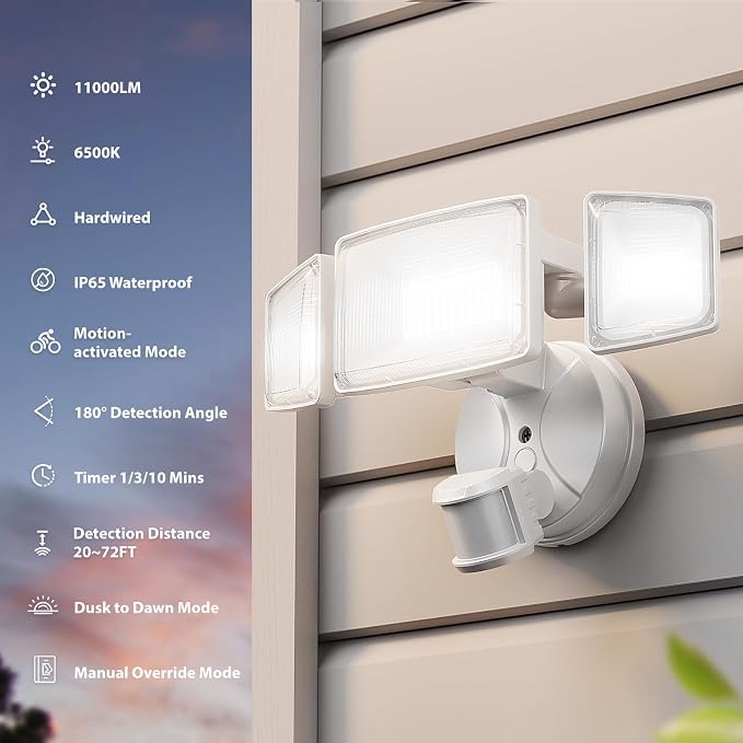 Onforu 2 Pack 100W 11000LM LED Motion Sensor Outdoor Lights, Dusk to Dawn Flood Lights Outdoor Motion Sensor, Hardwired Security Lights Floodlights Outside 6500K Daylight IP65 Waterproof (White)