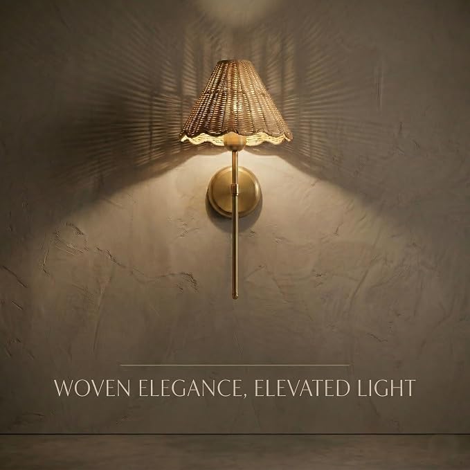 Rattan Wall Sconce Set of 2, Hardwired Boho Wall Sconces with Handwoven Rattan Shade, Gold Wall Lights for Bedroom, Bedside, Hallway, Living Room