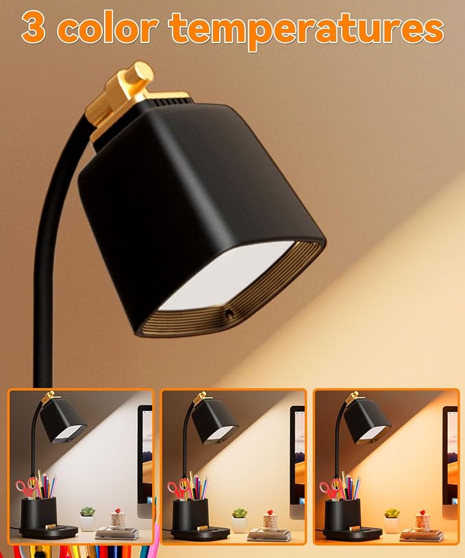 LED Desk Lamp with 2 USB Ports, Storage Box, Small Table Lamp for Home Office, Bedroom, College Dorm Room, Gooseneck Desk Light with Charger for Study, Reading, Craft, Work, Task, Dorm Room Essentials