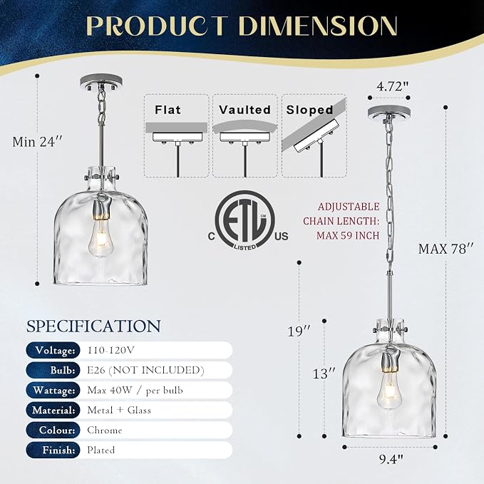 Chrome Pendant Light for Kitchen Island – 10" Modern Glass Dome Hanging Light Fixture, Single E26 Ceiling Pendant Lamp for Dining Room, Hallway, Bedroom