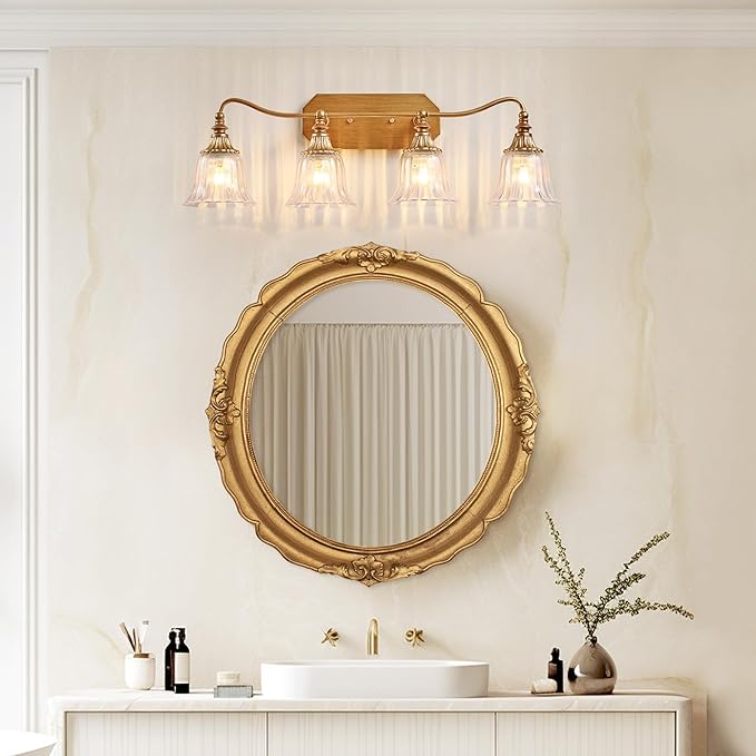 Bathroom Vanity Gold Light Fixture, 4 Lights Bathroom Lighting Matte Antique Brass Finish with Crystal Glass Shade, Gold Vintage Vanity Light for Bathrooms