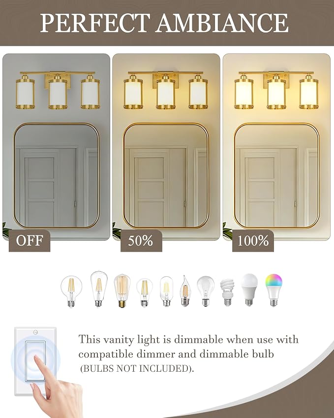 3-Light Brushed Gold Bathroom Light Fixtures with Milk Frosted Glass, 21" Modern Bathroom Vanity Lighting Fixtures Over Mirror with Metal Cage, Wall Sconce Lights for Bath, E26, OS-3014BGW-3W