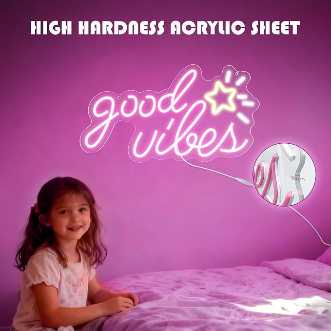Good Vibes Neon Sign, 16 * 8.6 Inches Led Sign, Neon Signs for Wall Decor with Dimmable Switch, Powered by USB Light up Sign, Pink Neon Lights for Teen Girls Bedroom, Salon, Party