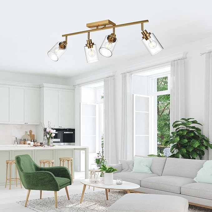 MELUCEE 4 Light Track Lighting Kit Brass Bathroom Vanity Light Fixtures with Adjustable Track Head Ceiling Spotlight Fixture for Hallway Porch Foyer Storage, Clear Glass Shade