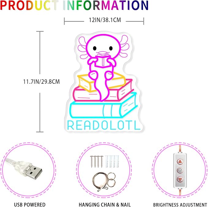 Axolotl Reading Neon Sign, Book Lover LED Light for Classroom Decor | Reading Corner, Classroom Decor, Book Nook, Library Display, Teacher Gift, Cozy Study Space, USB Powered, Soft Glow