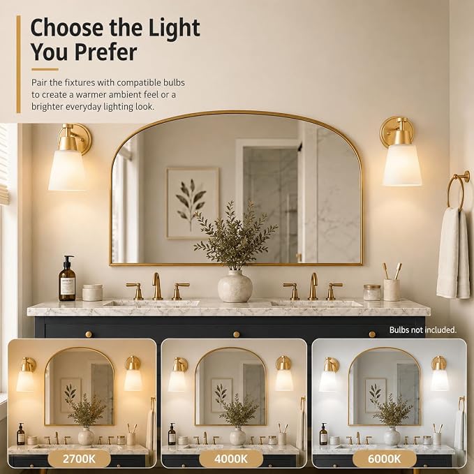Wall Light Fixtures, 2-Pack Brushed Gold Vanity Lights with Milk Glass Shade, Modern Farmhouse Wall Sconces for Gallery, Mirror, Bedroom, and Bathroom,1 Light