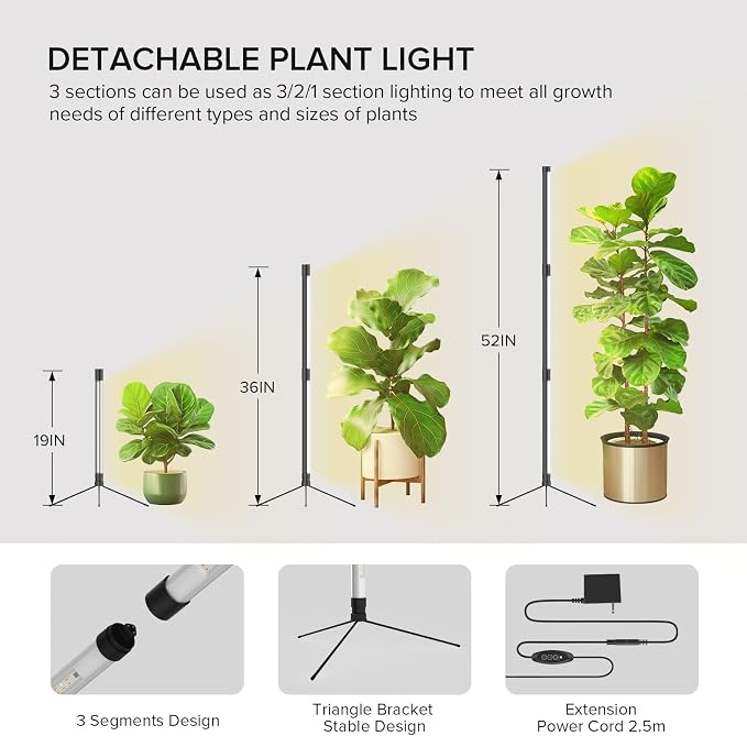 SANSI T10 Standing Grow Lights for Indoor Plants, Vertical Grow Light 4.4FT | PPFD 307 Plant Light 144 LEDs Full Spectrum, Adjustable Three-Stage, 5 Dimming, Timer 3/6/12h, 4000K, Wide Coverage Growth