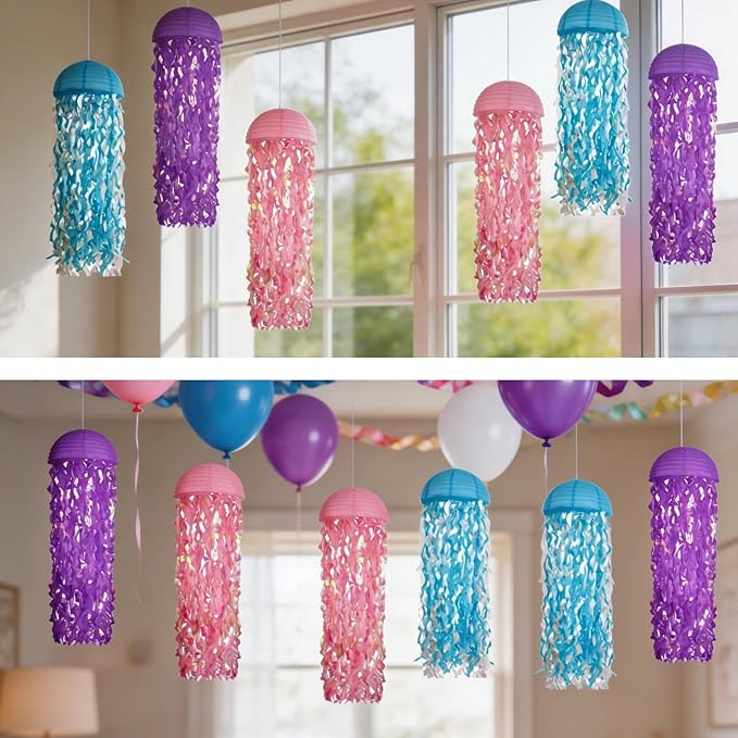 Jellyfish Paper Lanterns with LED Lights Set of 6, Purple/Pink/Blue Dome Hanging Floating Decorations for Under The Sea Party Mermaid Birthday Ocean Classroom Beach Room Aesthetic
