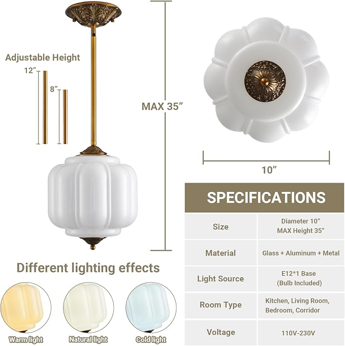 LOUSACE 10 Inch Vintage Milk Glass Ceiling Light Fixture, Semi Flush Mount Pendant Light with White Glass Shade, Ceiling Light for Kitchen Hallway Dining Room Bedroom (Bulb Included)
