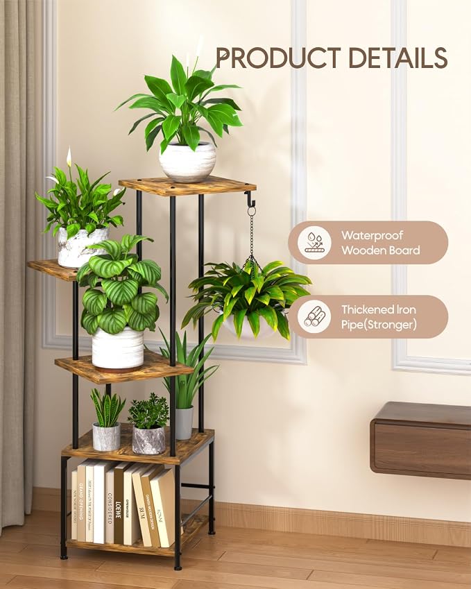 Plant Stand Indoor - 5-Tier Metal Plant Shelf with Hanging Basket Hook, Corner Tall Flower Holder for Multiple Plants, Living Room Balcony Garden Patio, Rustic Brown