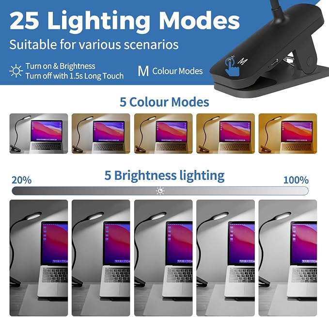 CUHIOY 2Pack Rechargeable Clip on Reading Light for Bed Headboard, Black | 5 Colors 5 Brightness Bed Light, Battery Flexible Neck Desk Lamp with Strong Clamp, Flicker-Free Night Light, Kids Bunk Bed