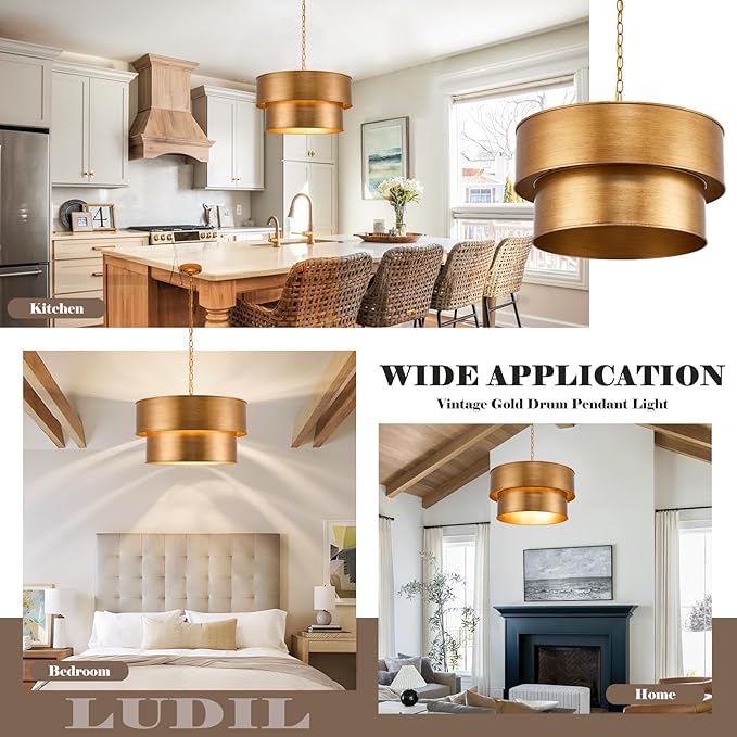 Gold Chandelier Light Fixture, 21" Drum Chandeliers with 2-Layer Antique Bronze Metal Shade, 6-Lights Large Pendant Light Fixture, Chandeliers for Dining Room Bedroom Living Room Kitchen Island Foyer