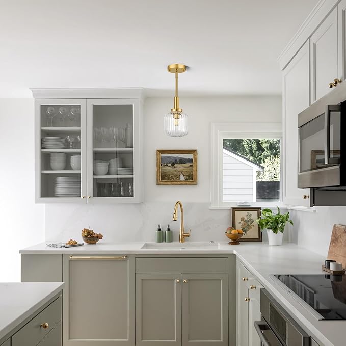 Brushed Gold Pendant Lights Kitchen Island 2 Pack, 5.9" Modern Glass Pendant Light with Clear Glass and Rods, Mini Hanging Lighting for Kitchen Sink Bathroom Bedroom, OS-YQ7749-2PBG